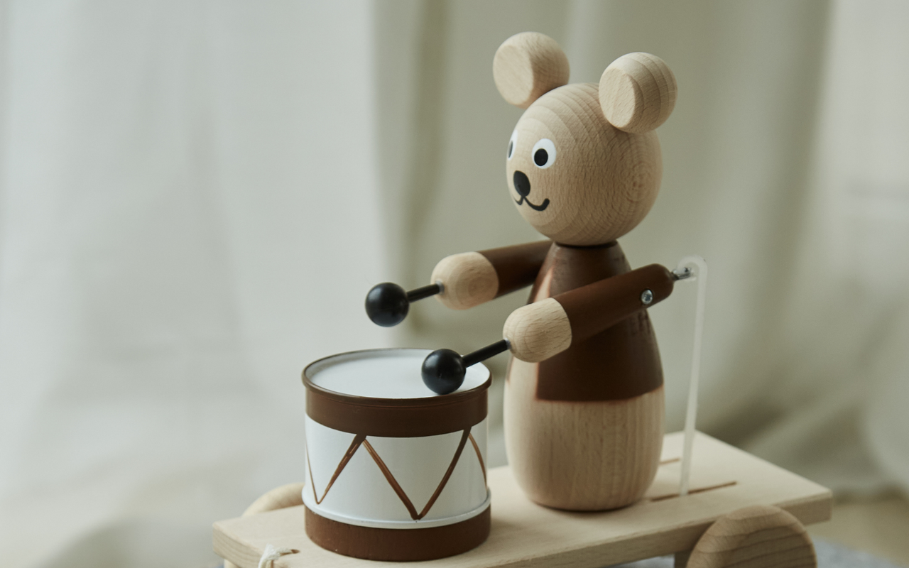 Dottie Maie Heirloom Pieces for slow living. Handmade Clothing and Traditional Wooden Toys. Sarah and Bendrix. Little Dottie Designs. Childrens Toys. Childrenswear. Traditional Toys. Considered Gifting for Mother Child Home.Pull along wooden bear drummer 